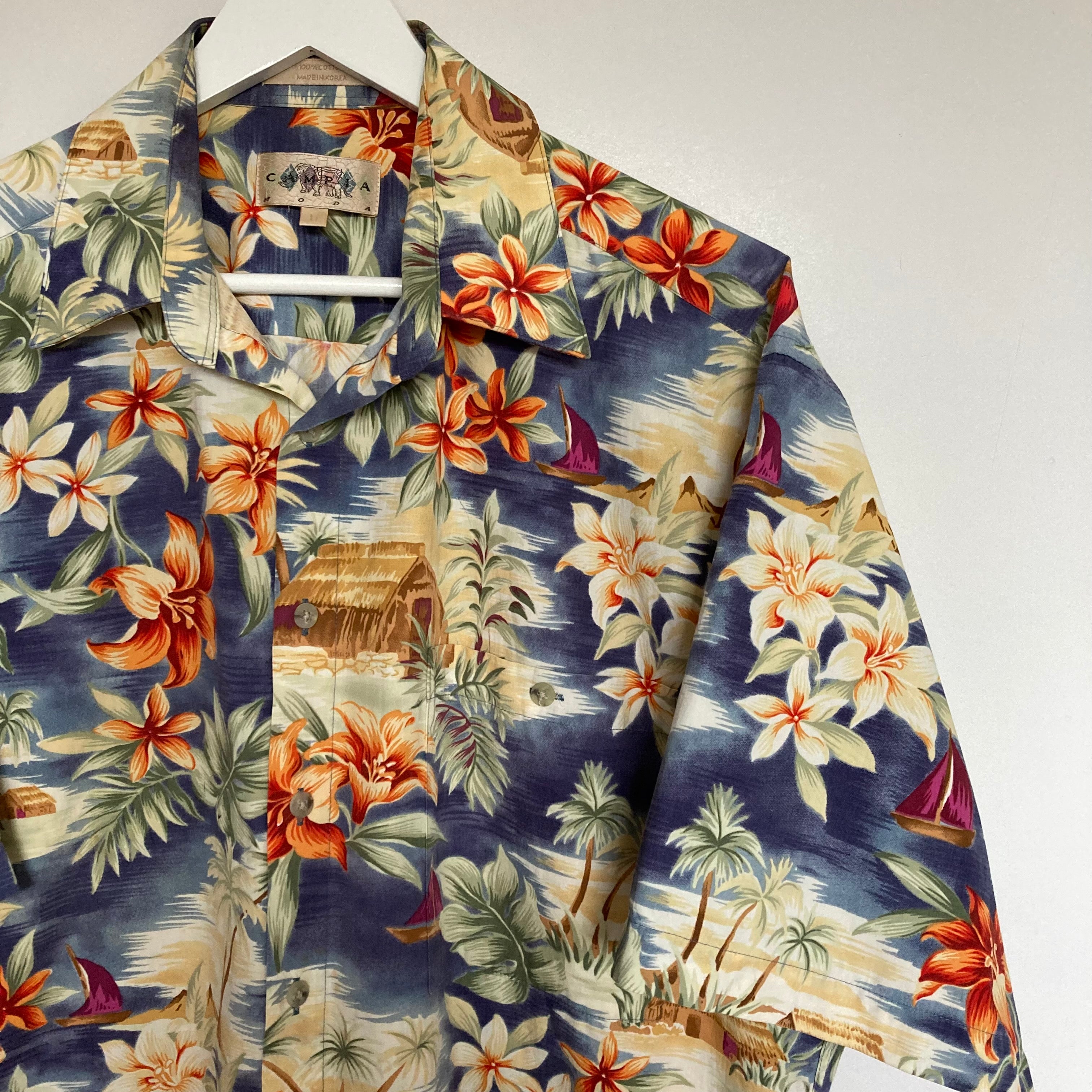 Chemise Vintage Hawaïenne Town Craft Homme - Bleue, Motif Floral, Années 90, Taille L