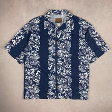 Charger l'image dans la galerie, chemise-aloha-vintage-bleue-marine-en-coton-made-in-usa-homme
