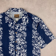 Charger l'image dans la galerie, chemise-aloha-vintage-bleue-marine-en-coton-made-in-usa-homme

