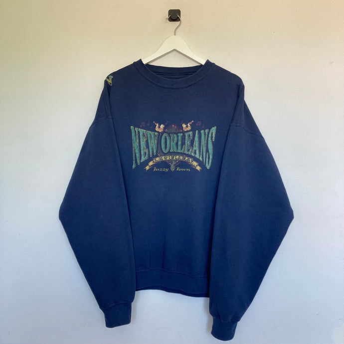       sweat-vintage-bleu-homme-90s-imprime-new-orleans-made-in-usa