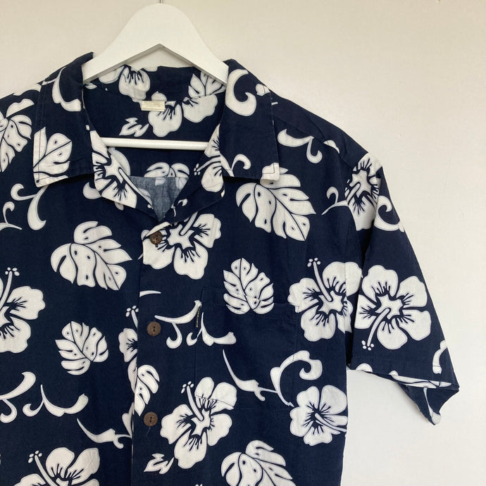 Chemise hawaïenne homme vintage à fleurs - bleue foncé et blanc