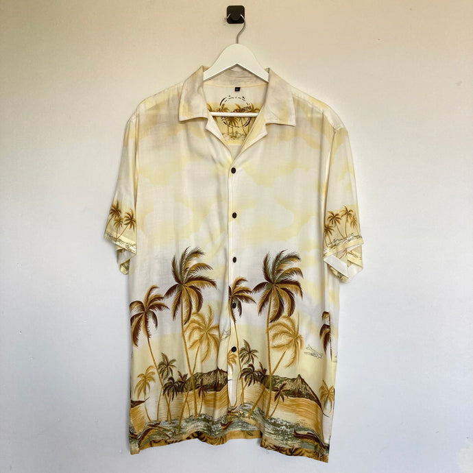 Chemise hawaïenne à motifs palmiers pour homme - Blanc jaune crème beige