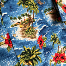 Charger l&#39;image dans la galerie, Authentique chemise hawaïenne vintage 100% Made in Hawaii pour homme - 100% coton et motifs hawaïens bleus et multicolores
