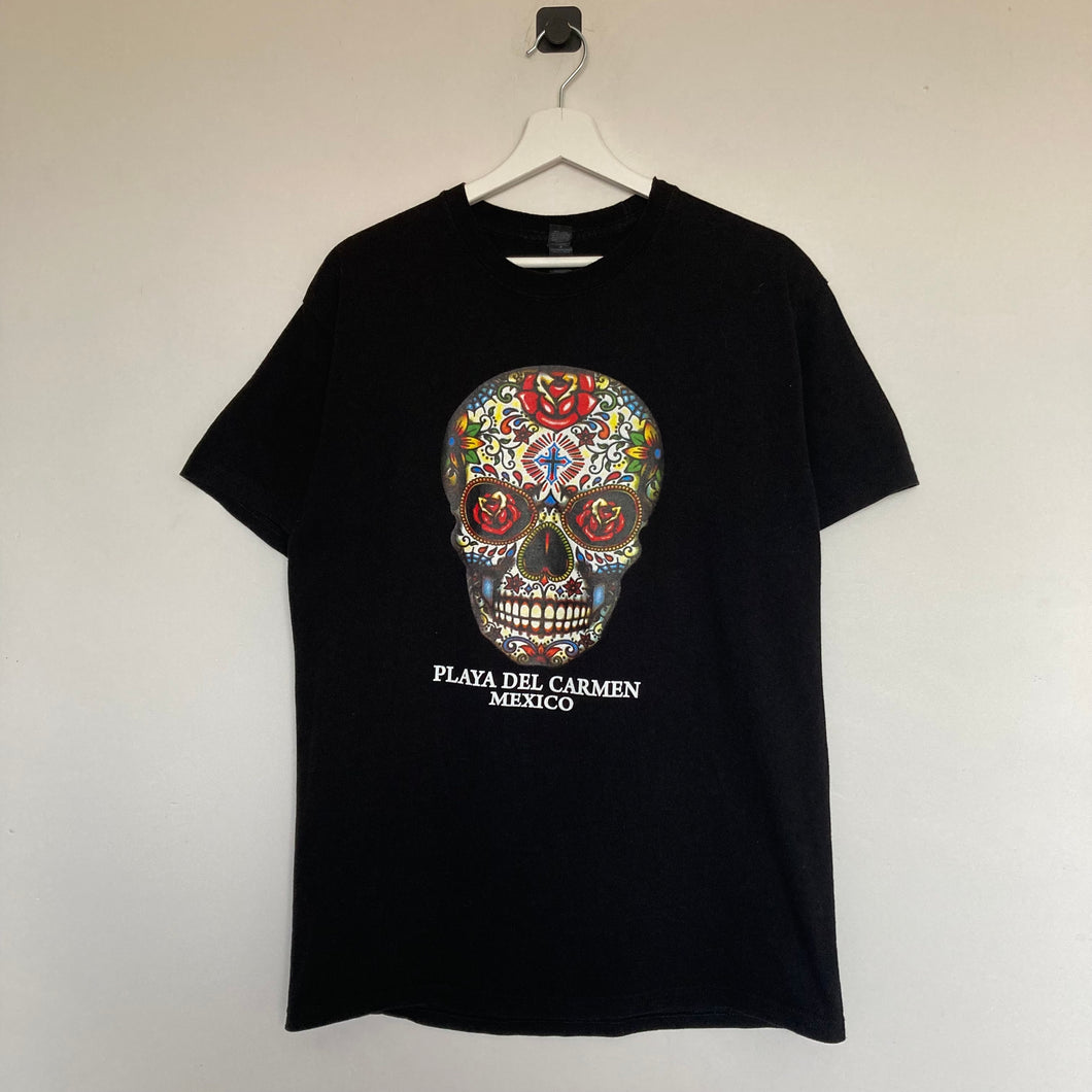       t-shirt-noir-homme-vintage-imprime-mexicain-tete-de-mort