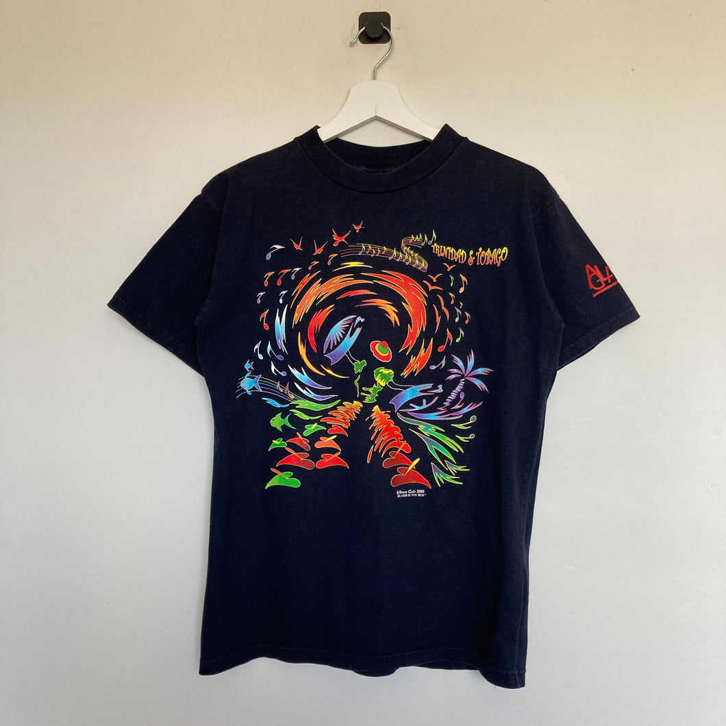        t-shirt-noir-vintage-homme-imprime-graphique-multicolore