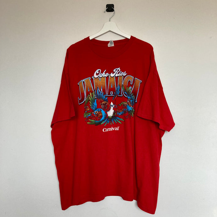        t-shirt-rouge-homme-vintage-imprime-animal-jamaica-exotique-perroquet