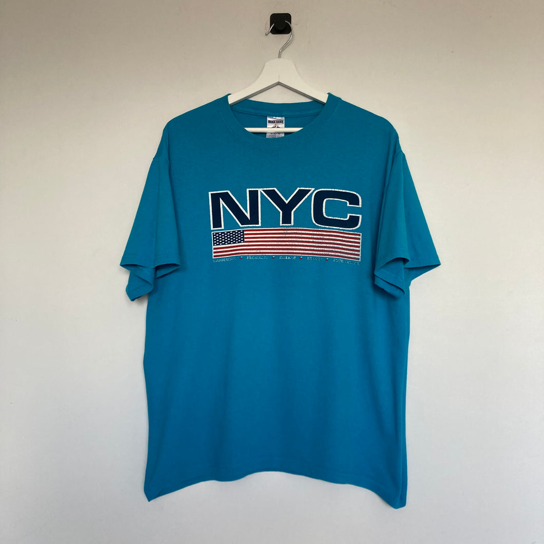     t-shirt-vintage-homme-bleu-a-imprime-motif-new-york